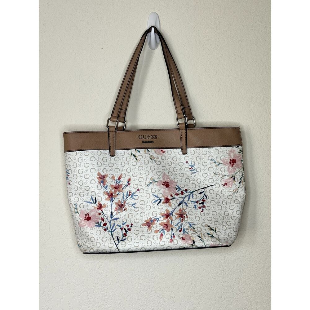 GUESS White & Pink Floral G-Logo Shoulder Purse